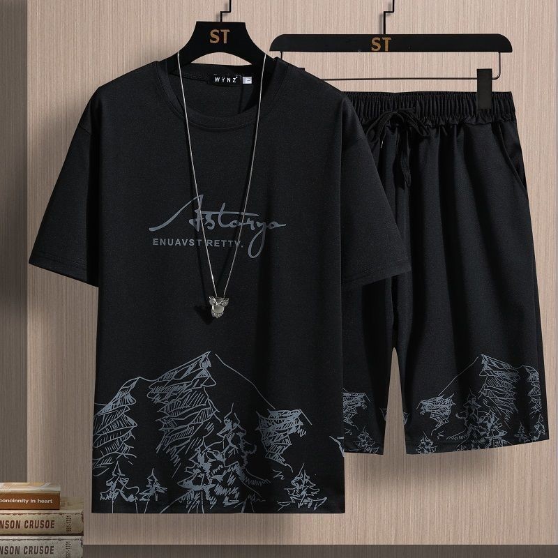 ฤดูร้อนผู้ชายวาฟเฟิลชุดลําลองเสื้อยืดและกางเกงขาสั้นชุดชายชุดกีฬา