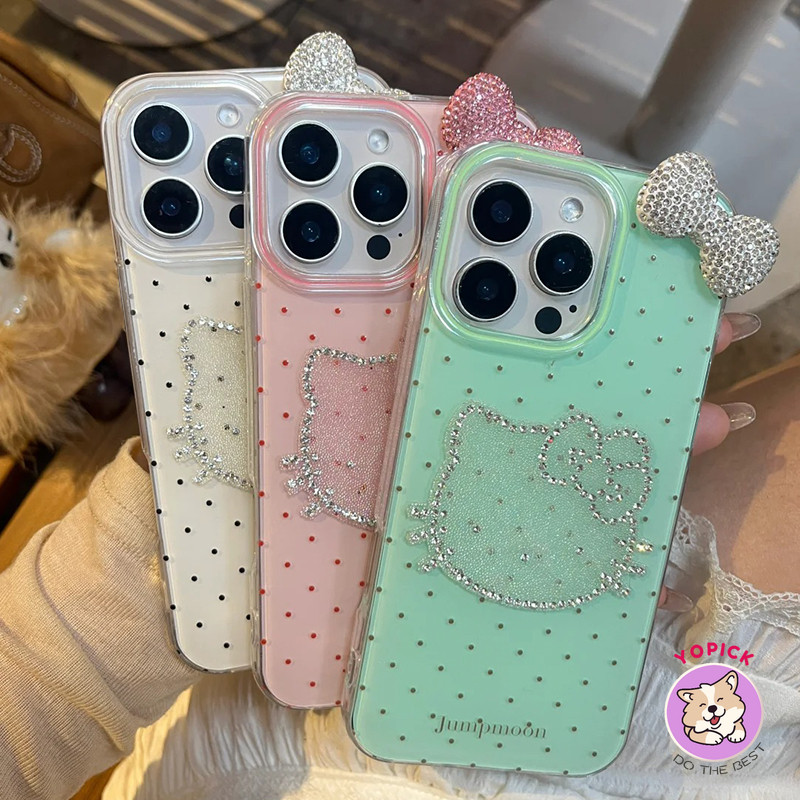 เหมาะสําหรับ iPhone 11 12Pro 13 14Plus 15Pro Max 16Plus 17Pro XR XS Max 7 8Plus Polka Dot เพชรแมวเคสโทรศัพท์สุนัขสร้างสรรค์สาวฝาครอบโทรศัพท์ BB