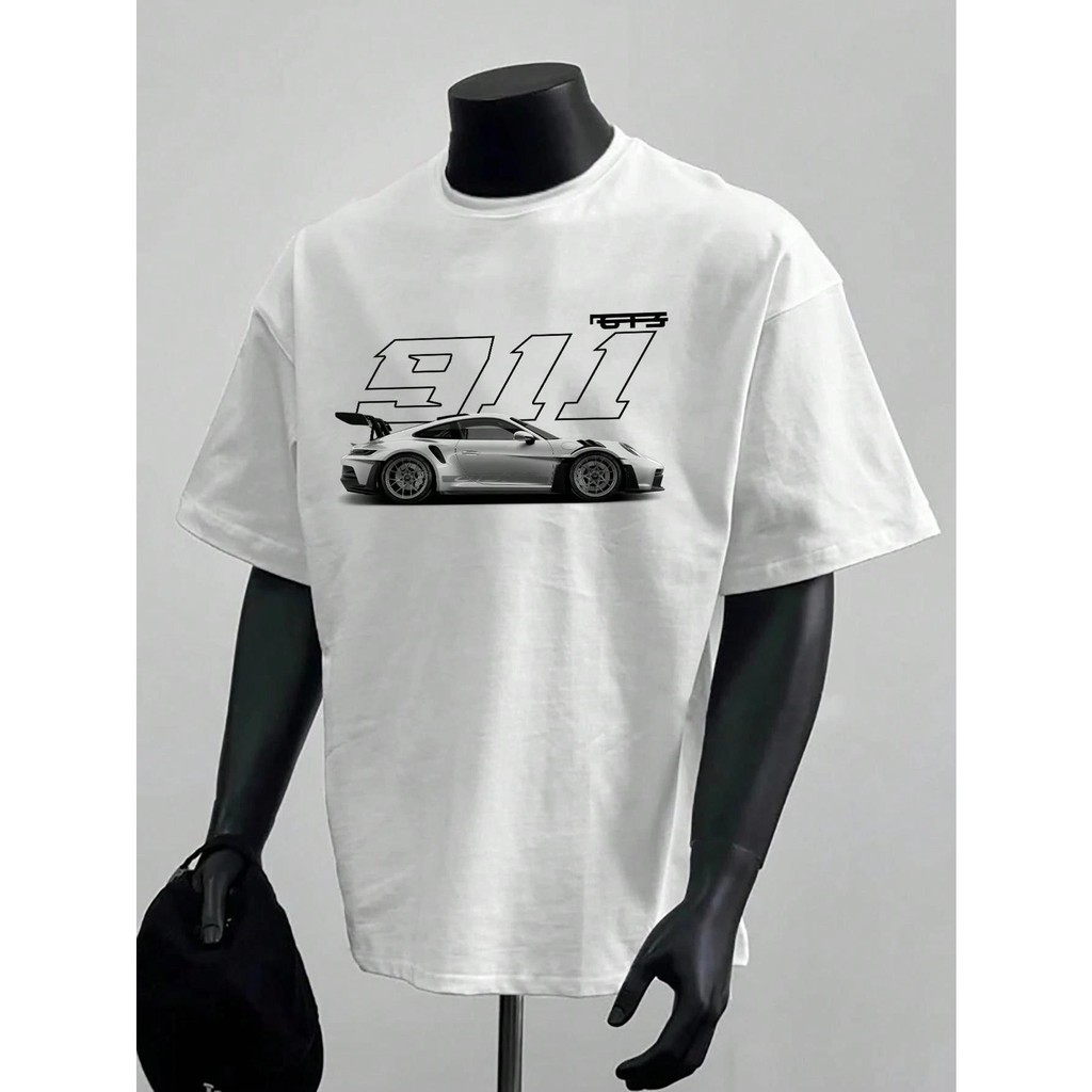 Hustlin เสื้อยืดผู้ชาย Oversize ลายรถสปอร์ต 911 GT3 สไตล์มินิมอล ผ้าคอตตอน 100% เท่ไม่ซ้ำใคร