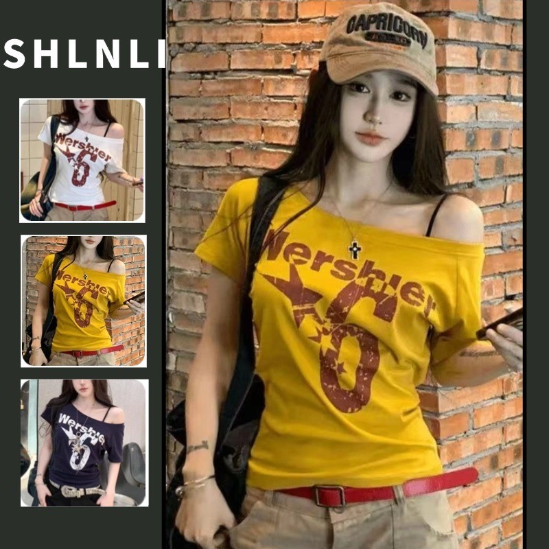 ฤดูร้อนจดหมายพิมพ์ไหล่เอียงเสื้อยืดผู้หญิงอเมริกันอเนกประสงค์สลิมฟิตแขนสั้นเสื้อคอกลม