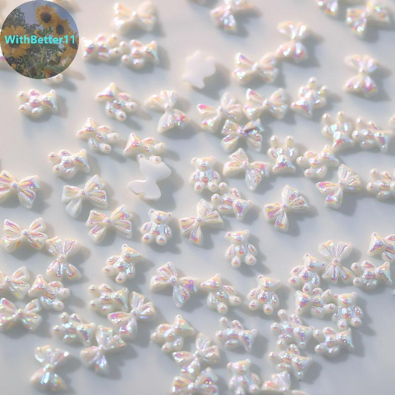 Better 50 ชิ้นสีขาว Symphony Bear Bowknot เล็บ Charms Art ตกแต่งฤดูร้อน Charms Auroras 3D Bows DIY เ