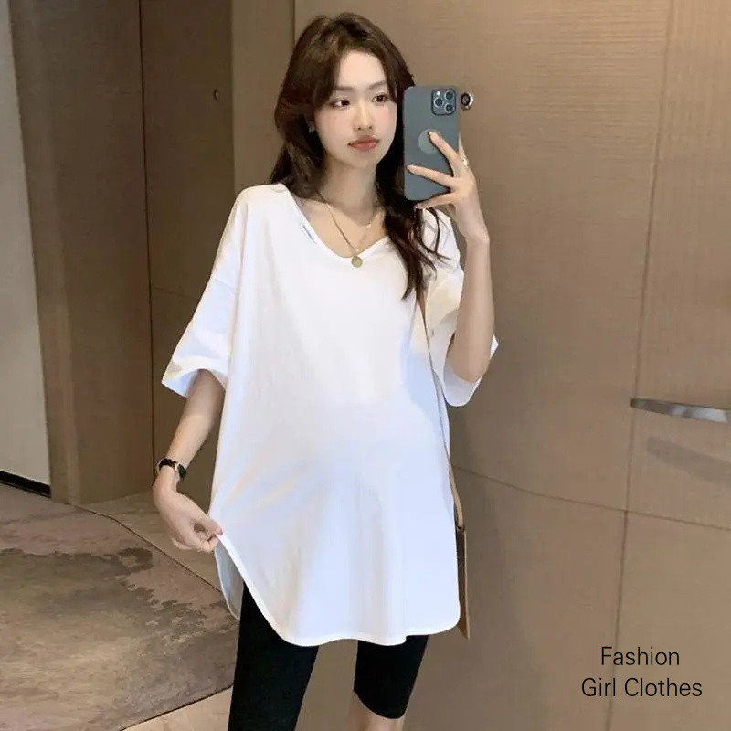 [4 สี] คอวีคลอดบุตรด้านบนตั้งครรภ์เสื้อยืดฤดูร้อนอารมณ์สบายๆหลวมขนาดใหญ่คลอดบุตร เรา - รูปที่ 4