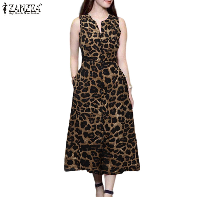 ZANZEA ผู้หญิงเกาหลีวินเทจแขนกุดคอวีเสือดาวพิมพ์สไตล์: ชุดเดรส