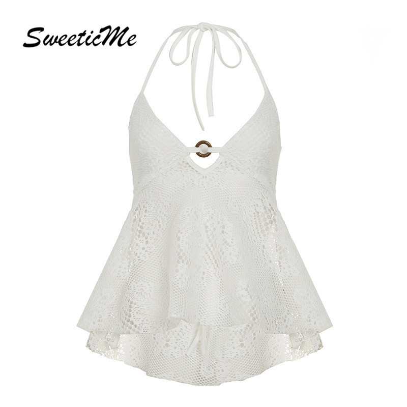 SweeticMe ผู้หญิง 2025 ใหม่แฟชั่นสีทึบคอวีวันหยุด Halter เสื้อกล้าม Camisole