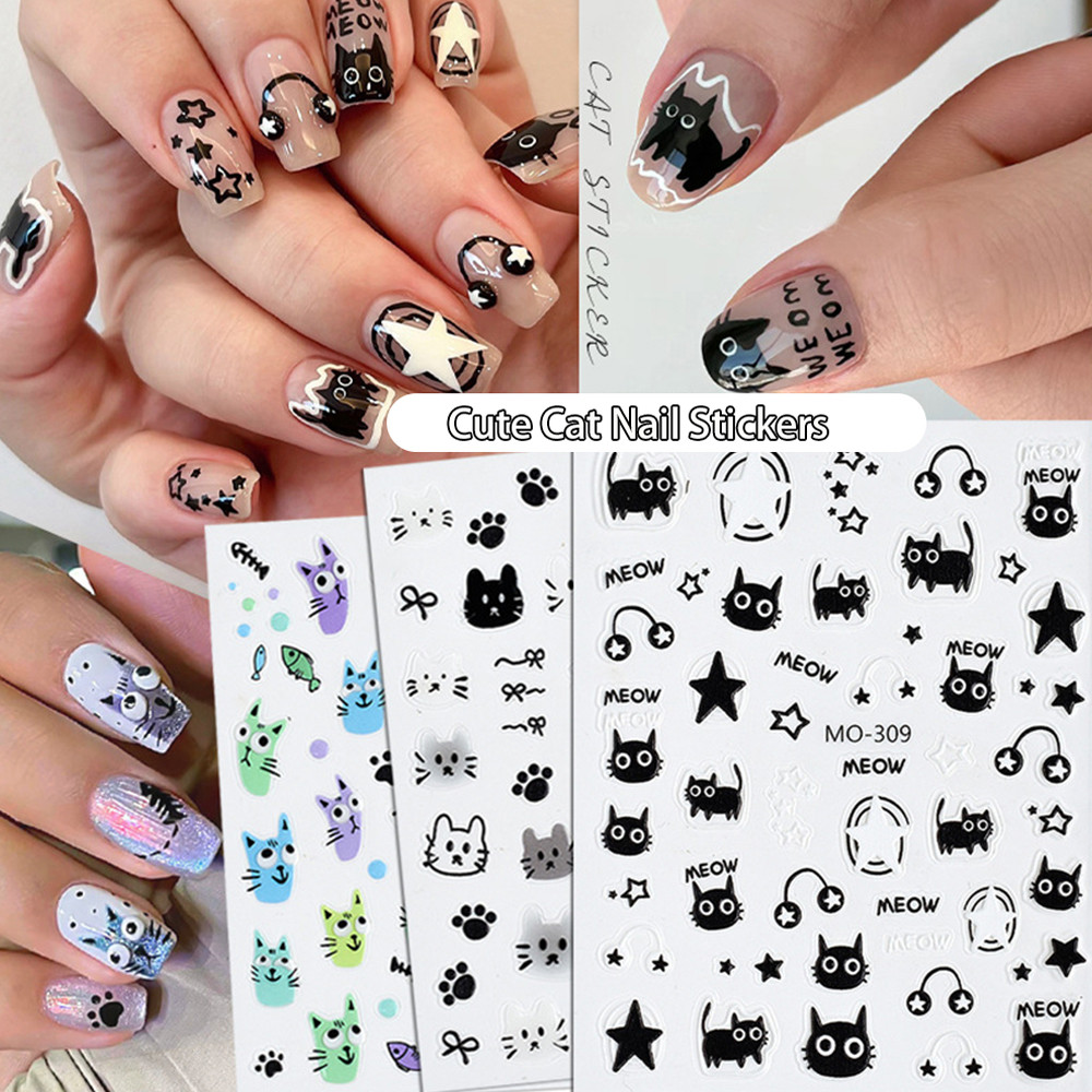 【จัดส่งภายในประเทศ】สติ๊กเกอร์ติดเล็บลายแมวดำตัวน้อยน่ารัก 3 ชิ้น ลายการ์ตูนที่วาดด้วยมือ สติ๊กเกอร์ติดเล็บแบบสวมใส่ได้
