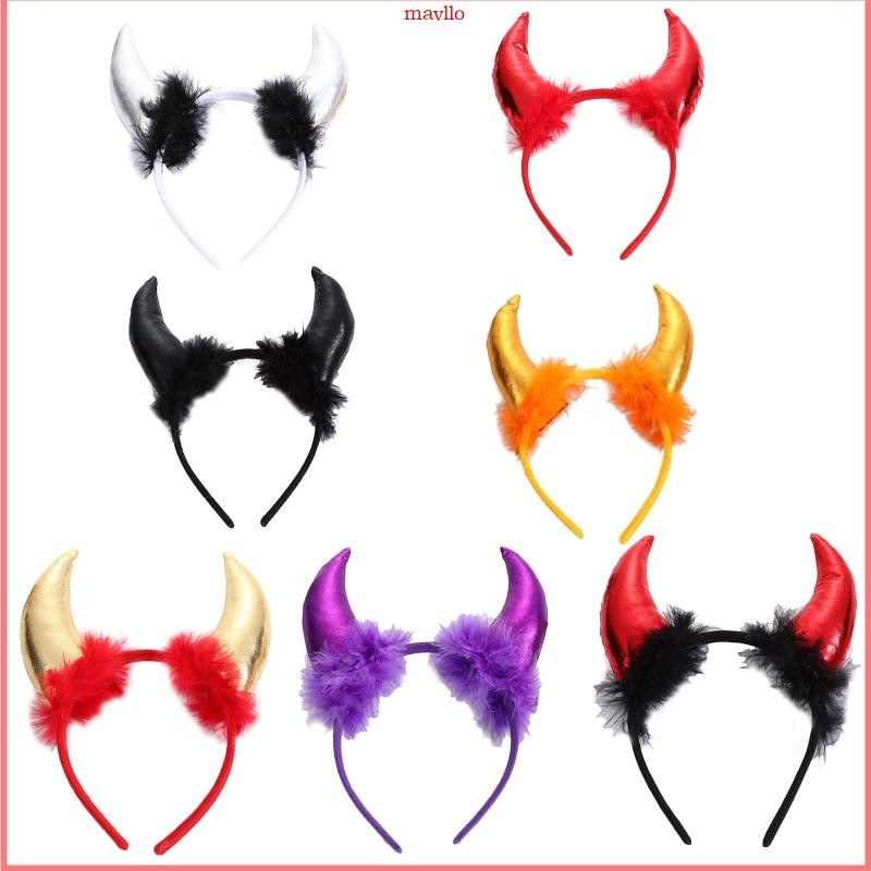 MAVLO ฮาโลวีน Feather Decor Ox Horn Shape Glitter แถบคาดศีรษะภาพยนตร์ปีศาจ Evil Hair Hoop Gothic คอส
