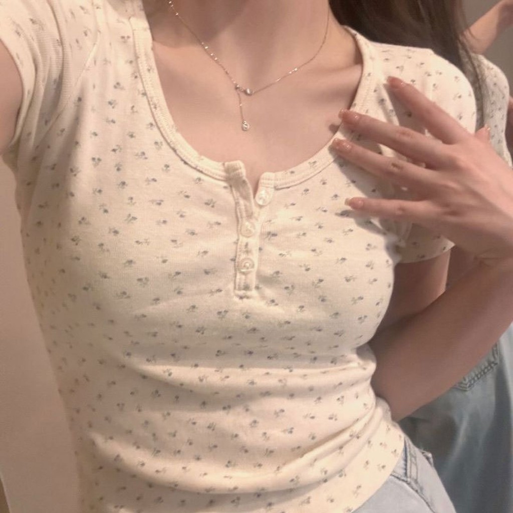 ฤดูร้อนใหม่U Collarดอกไม้แขนสั้นไหล่สั้นผู้หญิงSlim Slimฐานขนาดเล็กสดTเสื้อผู้หญิงขายส่งShop Hi Beau