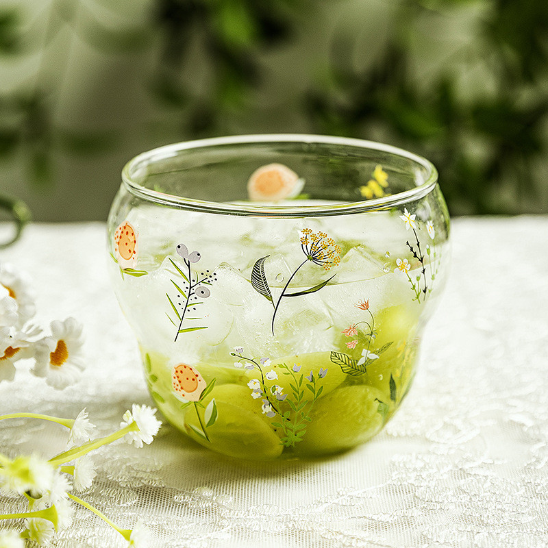 🍋500มล. / 17ออนซ์. ถ้วยโยเกิร์ตแก้วลายพืชถ้วยแก้วมัทฉะขนาดใหญ่ถ้วยน้ําแก้วดอกไม้ถ้วยอาหารเช้าซีเรียลทนความร้อน