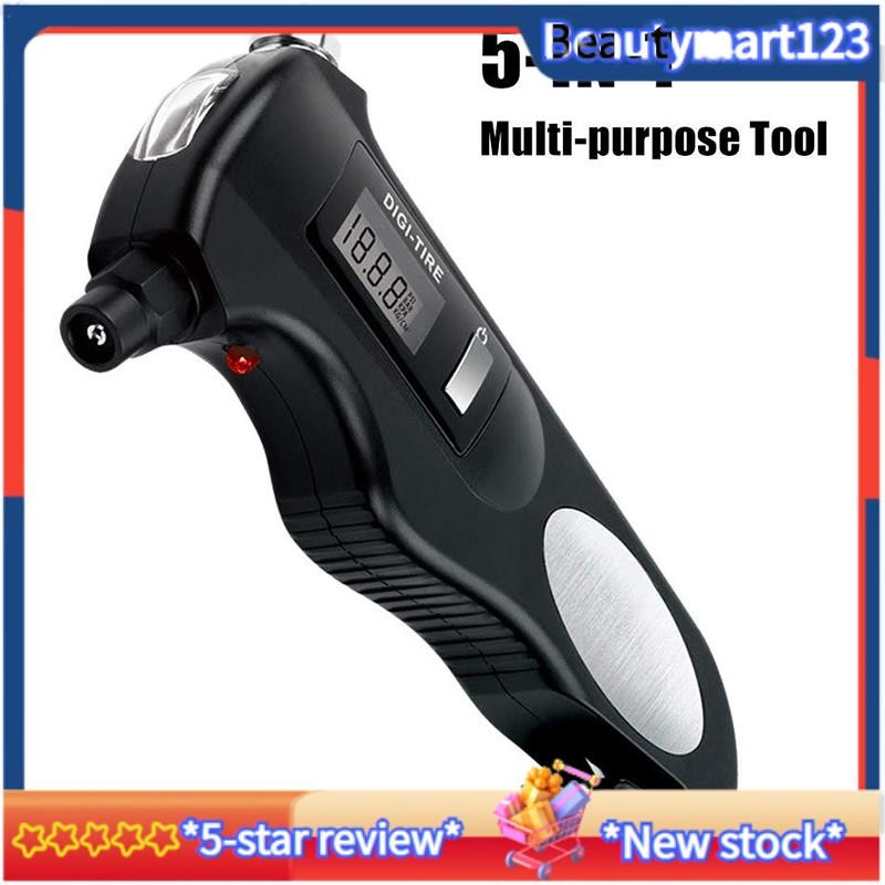 BM5-In-1 เครื่องวัดความดันลมยางแบบดิจิตอล,150PSI พร้อมเครื่องมือกู้ภัยอเนกประสงค์ของไฟฉาย LED,ที่เปิดขวดสําหรับรถยนต์และรถจักรยานยนต์รถค้อนความปลอดภัย
