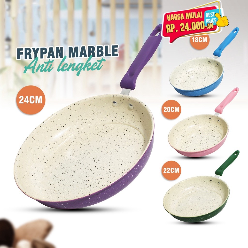 TEFLON FRYPAN COLOR / MARBLE PAN NON-STICK PAN HANDLE 18CM 20CM 22CM 24CM