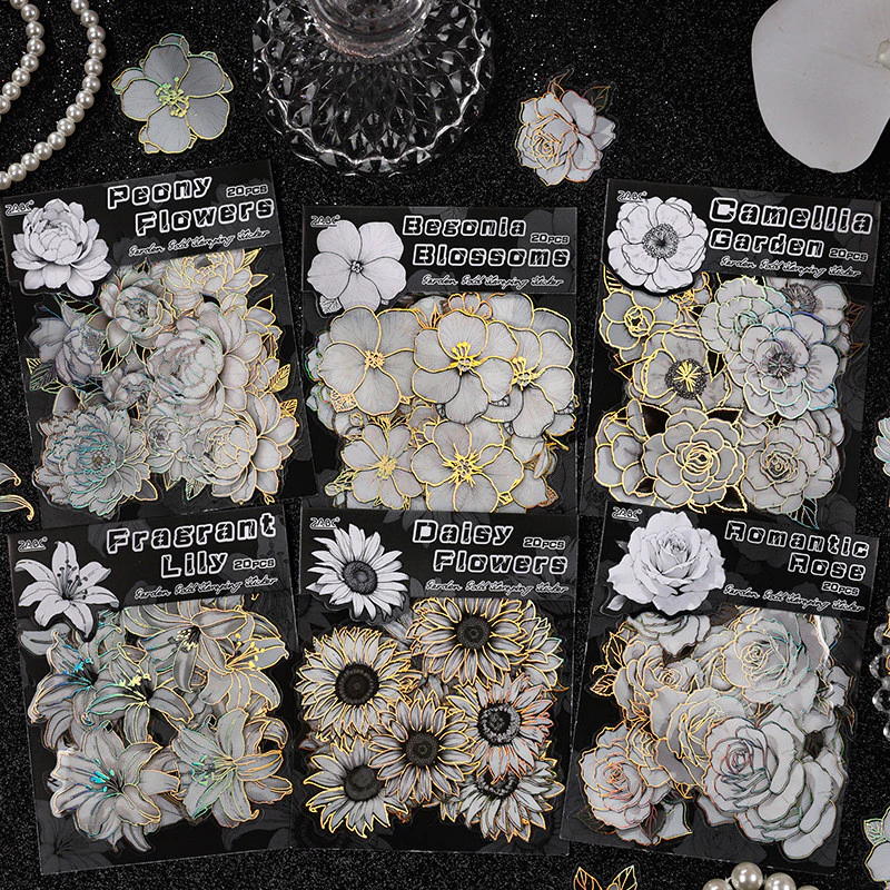 Journamm 20 ชิ้นดอกไม้ฟอยล์สีทองสติ๊กเกอร์ชุดสติกเกอร์สัตว์เลี้ยงแพ็คสําหรับกรอบรูปสมุดภาพวารสารไดอารี่สติกเกอร์ตกแต่ง