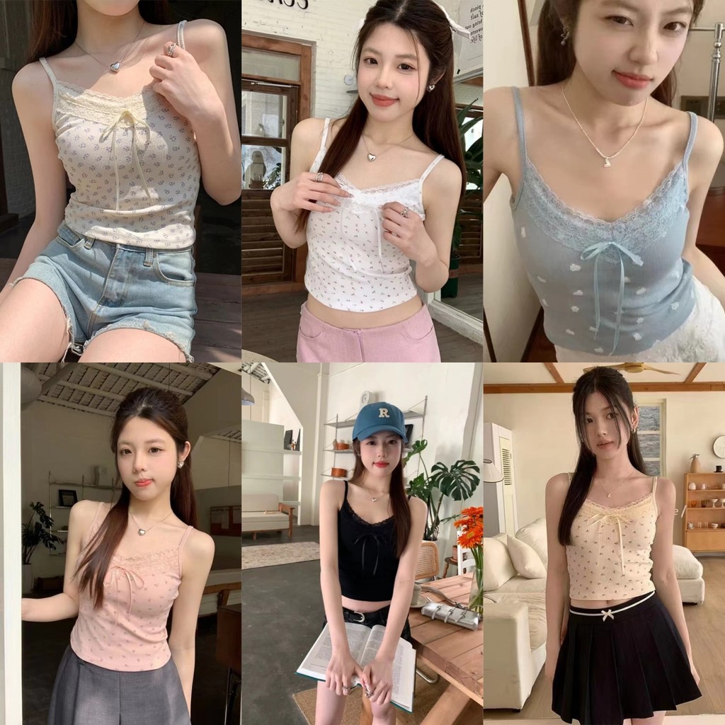 Evelyn ​เสื้อสายเดี่ยว มีฟองน้ำ แต่งลูกไม้ แต่งโบว์ สายเดี่ยว เซ็กซี่ ฟิลคาวาอี้ เซ็กซี่ สีพาสเทล ใส่สบาย#FYH342