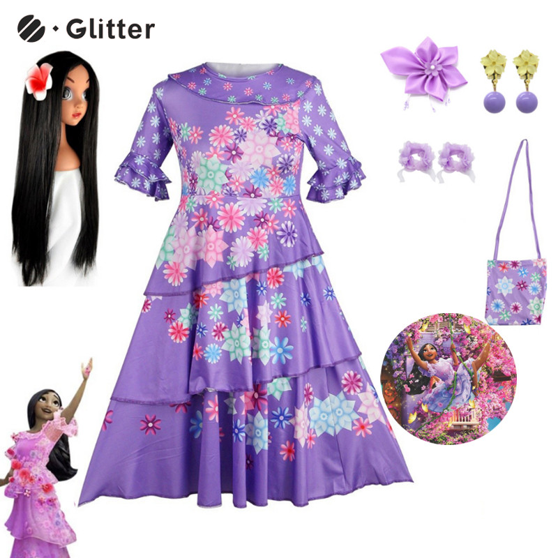 Disney Encanto Isabella Madrigal คอสเพลย์เครื่องแต่งกายสําหรับผู้ใหญ่ผู้หญิงดอกไม้สีม่วงพิมพ์เจ้าหญิ
