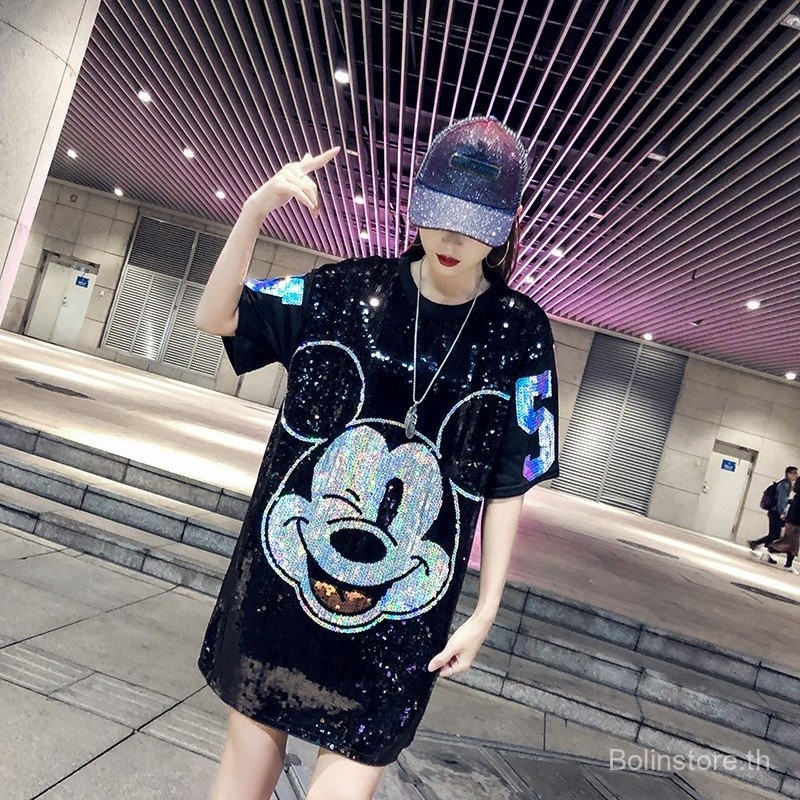 เสื้อยืดคอกลมแขนสั้นผู้หญิงปักเลื่อม