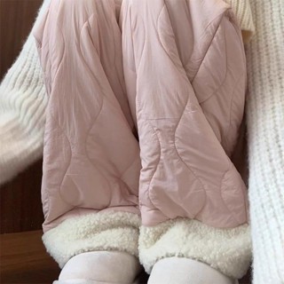 กางเกงผ้าฝ้ายสีชมพูผู้หญิงขนแกะหนาขากว้าง