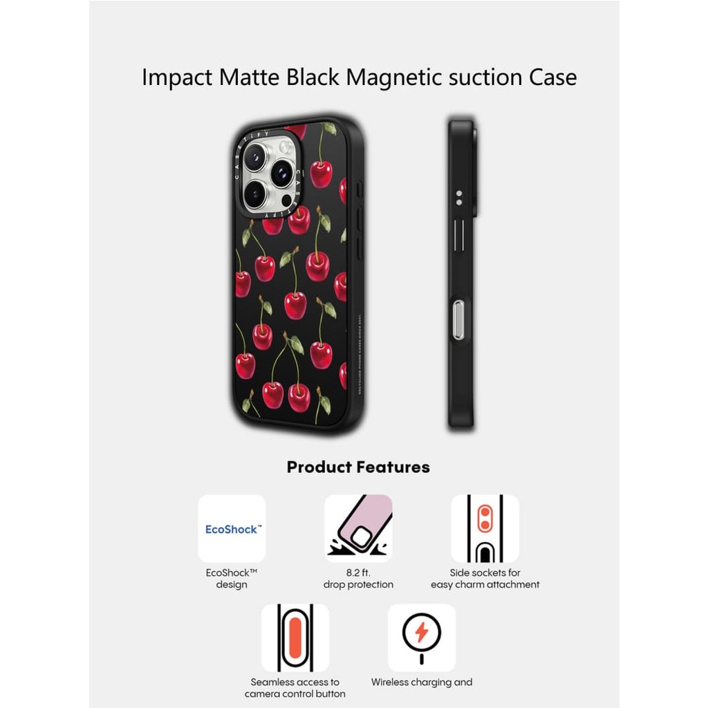 Casetify X Brilliant Cherry Matte Black แม่เหล็กดูด Hard อะคริลิคด้านหลังสําหรับ Apple IPhone 13 14 15 16 Pro Max Plus พร้อมกล่อง