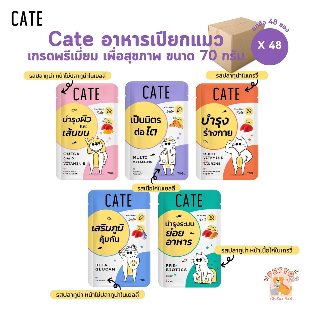 CATE เคท [48 ซอง] อาหารเปียกแมว เกรดฟรีเมี่ยม เพื่อสุขภาพ มี 5 สูตร ขนาด 70 กรัม