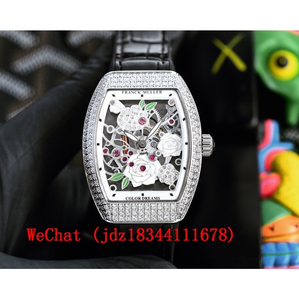 Franck Muller V32 Vanguard Rose Skeleton ขนาด 32*42.3 มม. การเคลื่อนไหวควอตซ์สวิส Ronda นาฬิกาผู้หญิ