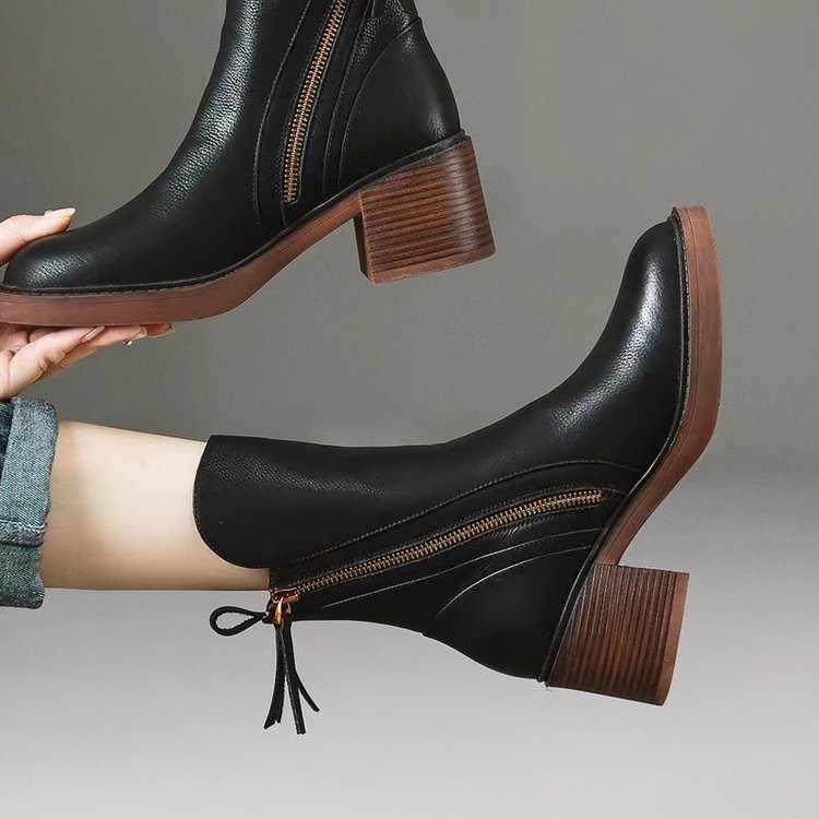 34-42รองเท้าบูทสั้นส้นสูงส้นหนาหัวกลมผู้หญิงไซส์ใหญ่
