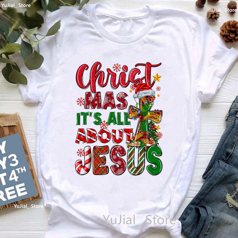 2024 Jesus Merry Christmas Tree พิมพ์ T เสื้อสาว Xmas Tshirt ผู้หญิงสีขาว/สีชมพูแขนสั้นเสื้อยืดหญิง 