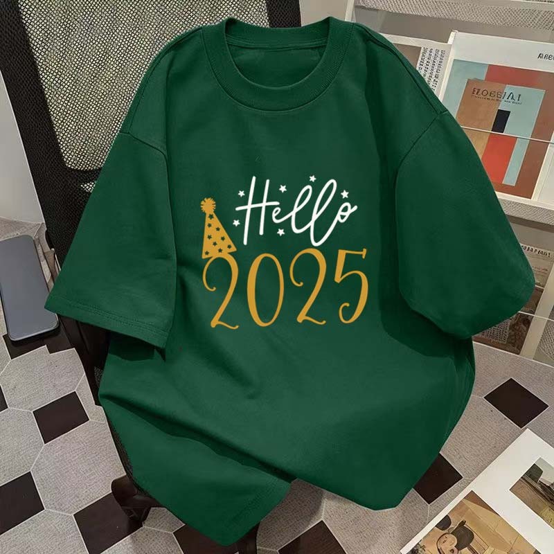 (จัดส่งตลอด 24 ชั่วโมง)Woo Right 2025 ปีใหม่ฮาราจูกุเสื้อยืดตัวอักษรพิมพ์ขนาดใหญ่ผ้าฝ้ายจีบสำหรับผู้ชาย