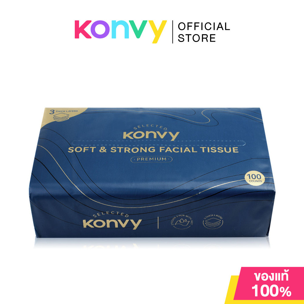 Konvy Soft & Strong Facial Tissue 100 Sheets คอนวี่ กระดาษทิชชูเช็ดหน้าสุดพรีเมียม 100 แผ่น.