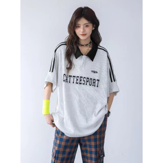 ส่งจากกรุงเทพฯ Solovely M-2XL เสอื้ผา้ผหู้ญง สไตล์เกาหลี พิมพ์ลาย แขนสั้น เสอ ลายทาง หลวมๆ เสื้อยืด โอเวอร์ไซส์ เสื้อโปโล