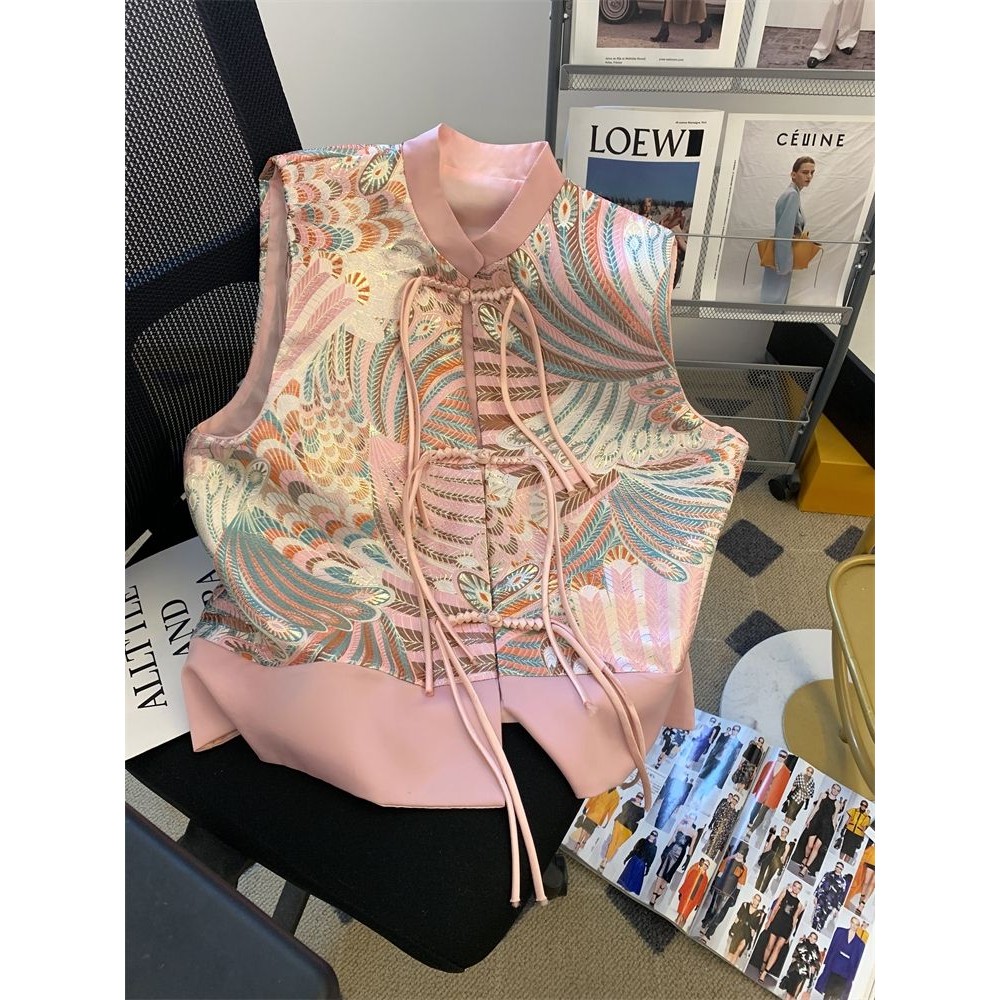 เสื้อกั๊กผู้หญิงสวมใส่ด้านนอกฤดูใบไม้ผลิเสื้อผ้าซาตินเย็บใหม่สไตล์จีนสไตล์จีนปักพู่หัวเข็มขัดเสื้อกั๊กเสื้อกั๊กด้านบน