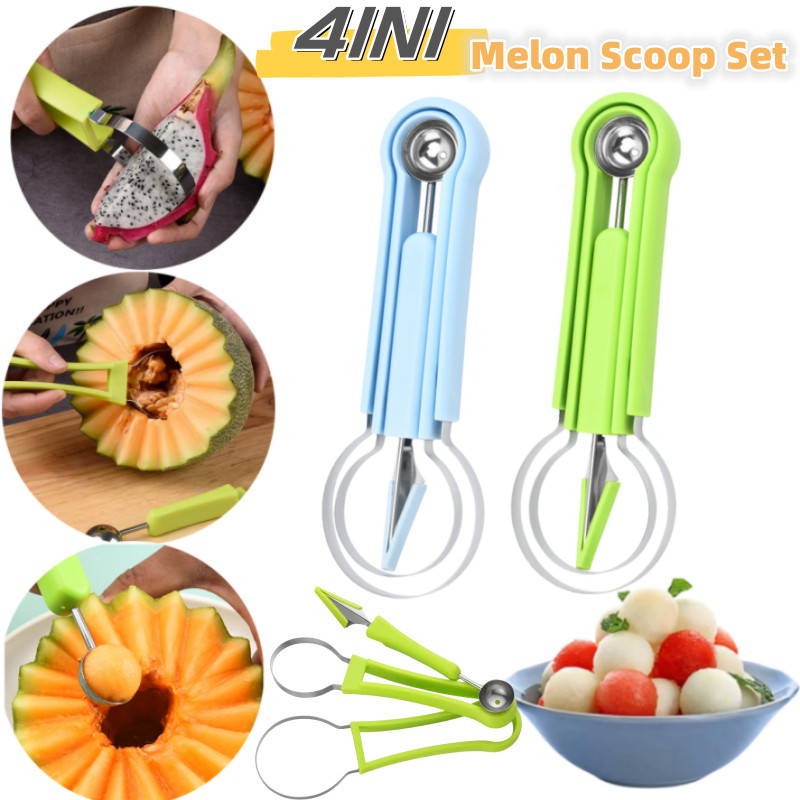 4in1 สแตนเลสผลไม้ Ball Digger Melon Ball Scoop เครื่องตัดแตงโม Scoop มีดแกะสลักผลไม้ผลไม้ขุด Pulp Se