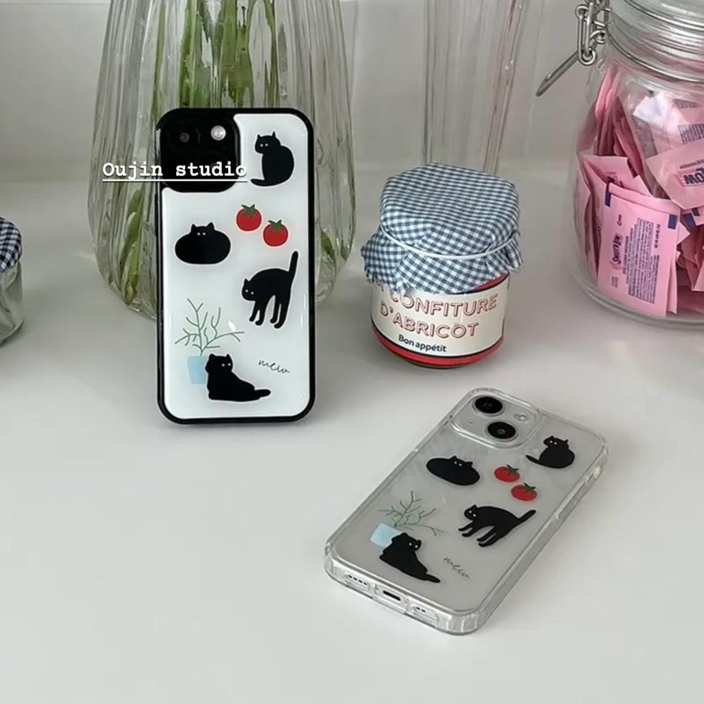 สไตล์เกาหลี ins Niche Design แมวน่ารัก ins สไตล์มะเขือเทศแมวสีดําน้อยเวอร์ชั่นเกาหลีเคสใสสูงเหมาะสําหรับ 15promax/16/14/13 แปรงหลักฐานรวมทุกอย่างเคสโทรศัพท์