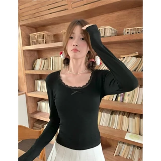 cherryshop พร้อมส่ง เสื้อแขนยาวคอกลมลูกไม้ผู้หญิงรุ่นเกาหลี การออกแบบธนู ผ้านุ่มเข้ารูป เรียบง่ายและน่ารัก