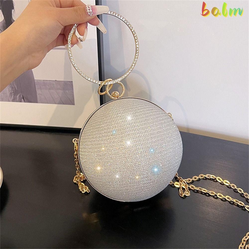 Balm กระเป๋าสะพาย, Gold Bright Silk Circular Evening Bag, Luxury Rhinestone ตกแต่งกระเป๋าถือผู้หญิงหญิง