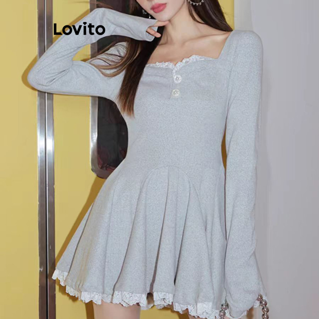 Lovito ชุดเดรสลูกไม้ธรรมดาสำหรับผู้หญิง LNA72419