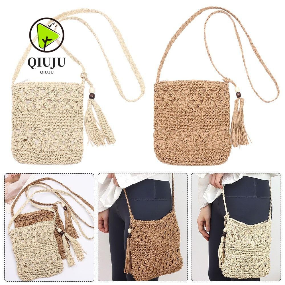 Qiju กระเป๋าสะพายไหล่แฟชั่นสตรีฟาง Mini Vacation Crossbody กระเป๋าถือ