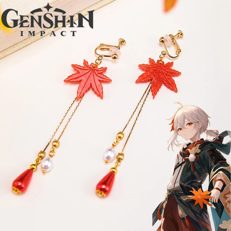 อะนิเมะเกมgenshin Impact Kaedehara Kazuhaคอสเพลย์ต่างหูMapleLeafจี้Earstud Earclip Earhook Partyเครื่องประดับอุปกรณ์เสริม