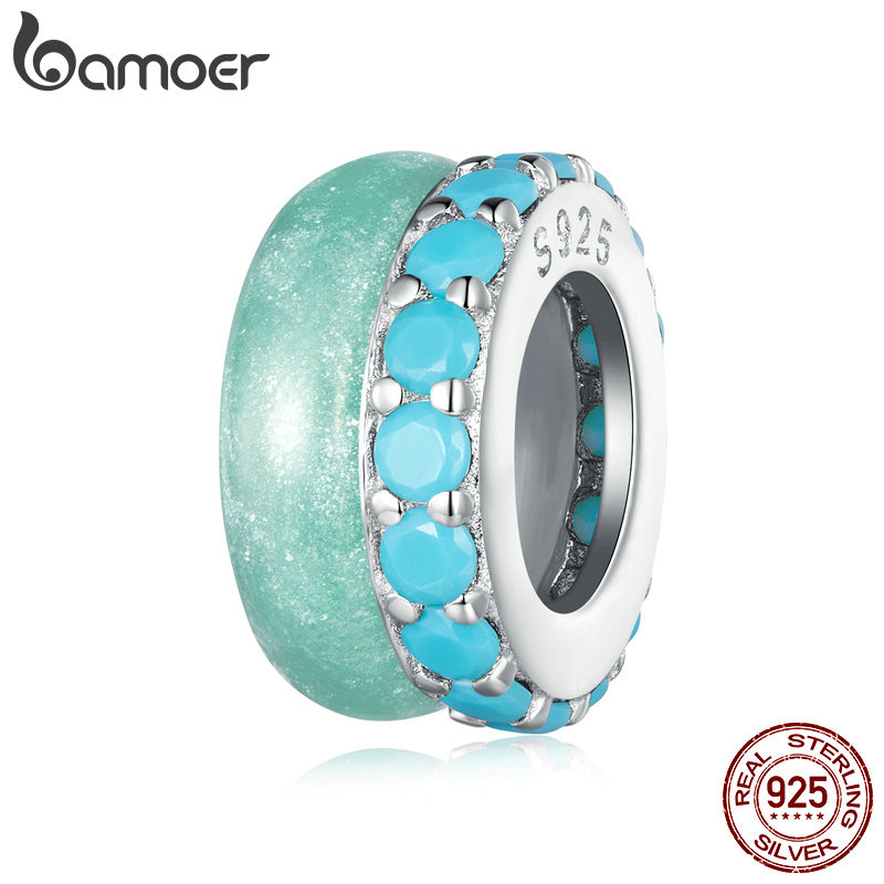 Bameor 925 เงินสเตอร์ลิง Sliver ลูกปัดสีฟ้า Double-Layered Design Charm DIY สําหรับสร้อยข้อมือเครื่อ