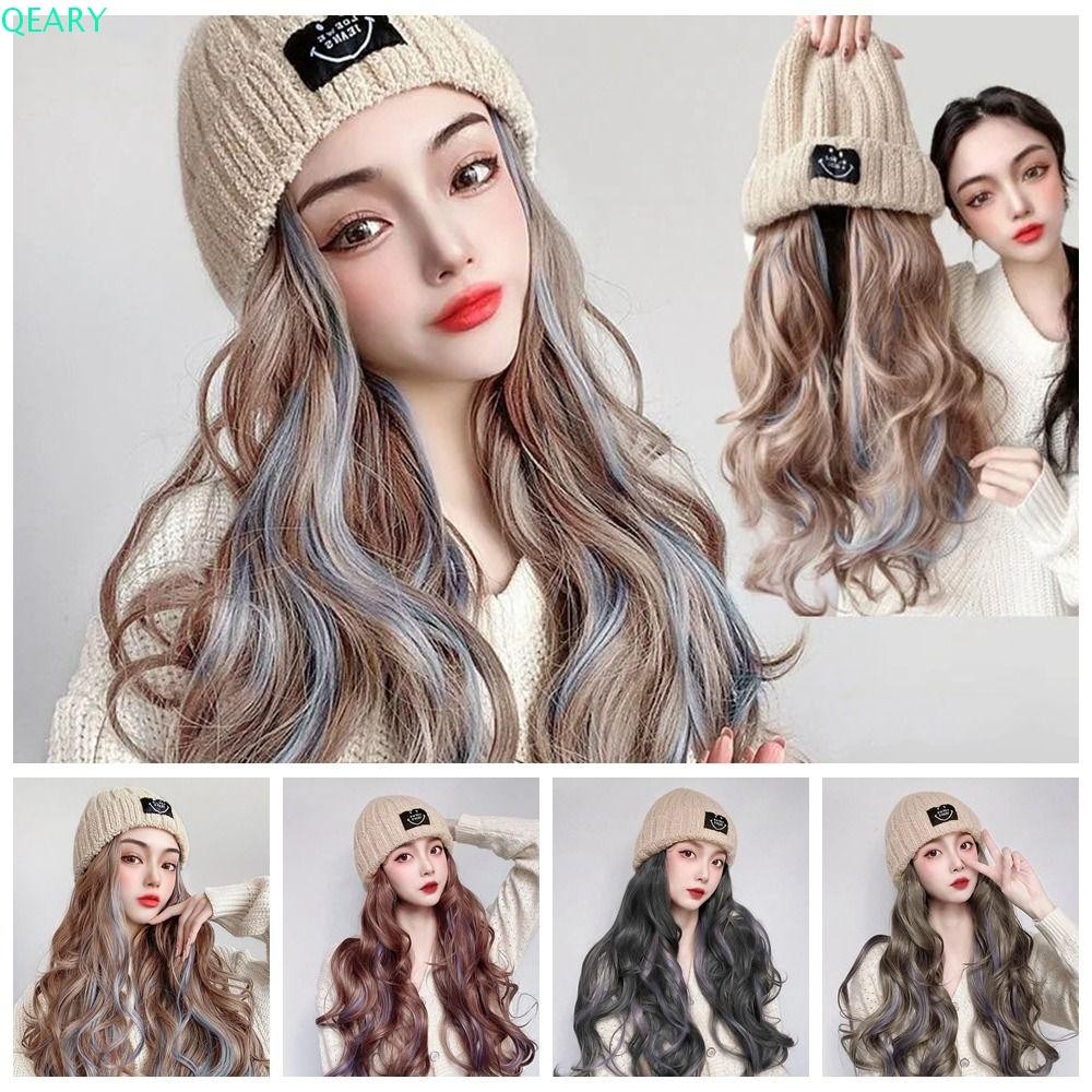 Qeary วิกผมหมวกอบอุ่น, สไตล์เกาหลีไฮไลท์สีฟ้าถักหมวกวิกผม, อุปกรณ์เสริมผมต่อผมธรรมชาติ Hairpieces การเชื่อมต่อไม่มีรอยต่อยาวหยักหมวกวิกผมสาว