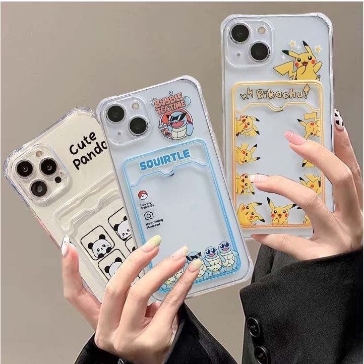 Pokemon Pikachu Gengar EeveeปลอกสําหรับIphone 12 11 16 15 14 13 Pro Max XR 7 8 6 6S Plus XS Max 7Plus 15Plus Iphone16 ฝาครอบPanda Soft TPUกรณีผู้ถือบัตรสล็อตกระเป๋า