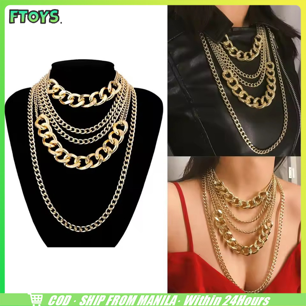 จัดส่งใน24ซม.สร้อยคอพังค์ เครื่องประดับสร้อยคอโซ่ยาว สร้อยฮิปฮอป สีทอง สีเงิน
