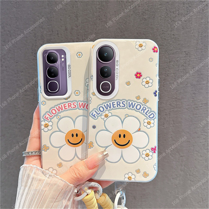 เคส Vivo V50 Lite เคส Vivo Y200 5G เคสน่ารักสีสันยิ้มทานตะวันกันกระแทกเคสโทรศัพท์ด้านแข็งแผ่นหลังซิลิโคนนุ่มขอบสายโทรศัพท์กรณีสําหรับเด็กผู้หญิงนักเรียน