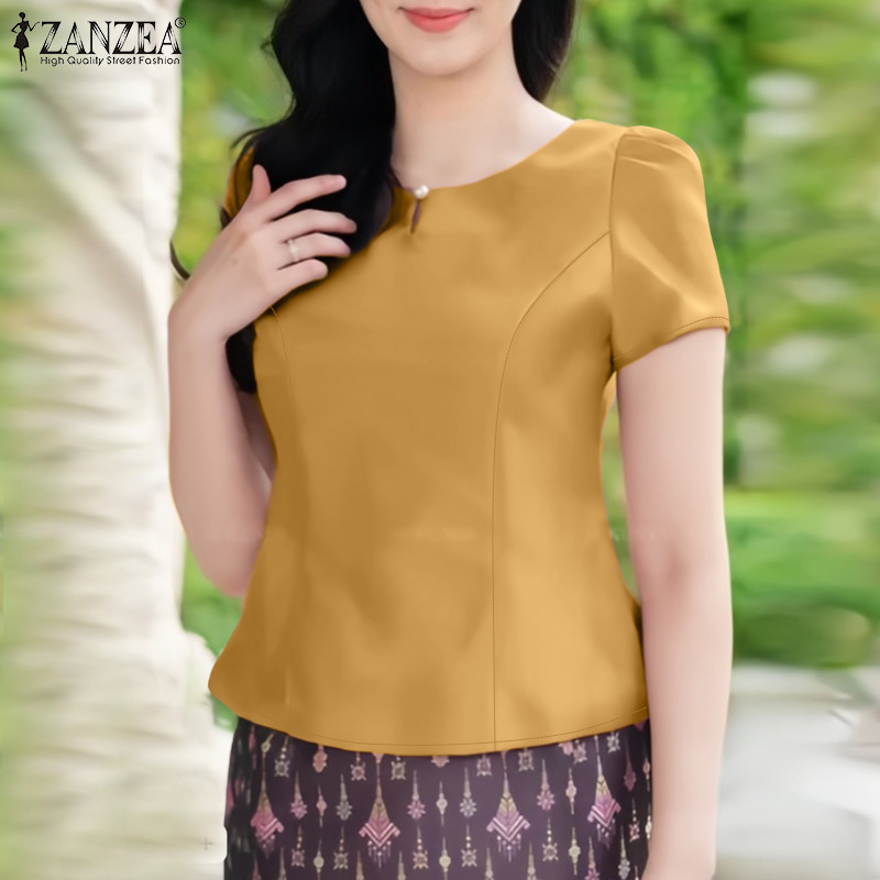 ZANZEA เสื้อเบลาส์แขนสั้นคอ O ลําลองสําหรับผู้หญิง — صورة 4