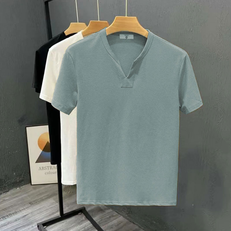 แฟชั่นUnisexแขนสั้นเสื้อยืดธรรมดาเกาหลีVคอผู้ชายสบายๆผู้ชายเสื้อยืดM-4XL