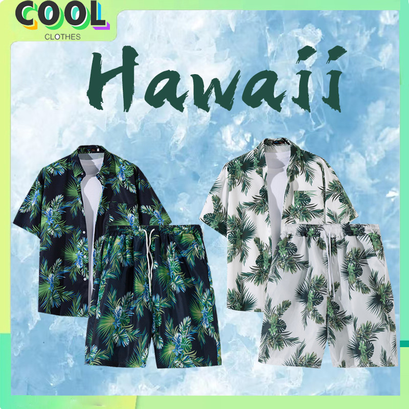เสื้อฮาวาย ผู้ชาย ชุดเซ็ต ทรงหลวม ลายต้นมะพร้าว ผ้าบาง ใส่สบาย แฟชั่นฤดูร้อน เหมาะกับเดินชายหาด างและระบายอากาศได้ดี