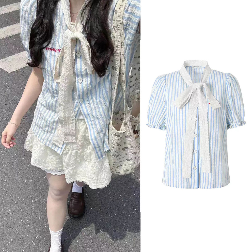 Dahong เสื้อเชิ้ตแขนสั้นลายทาง เสื้อเชิ้ตแขนสั้นลูกไม้แขนฟองโบว์เกาหลีฤดูร้อนใหม่  สไตล์ฝรั่งเศส w601