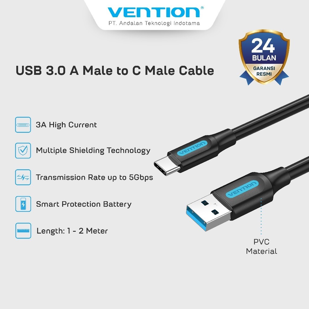 Vention USB 3.0 A to C 3A สายชาร์จเร็ว 3A 5Gbps ยืดหยุ่นและทนทาน 25CM 50CM 1M 1.5M 2M - COZ