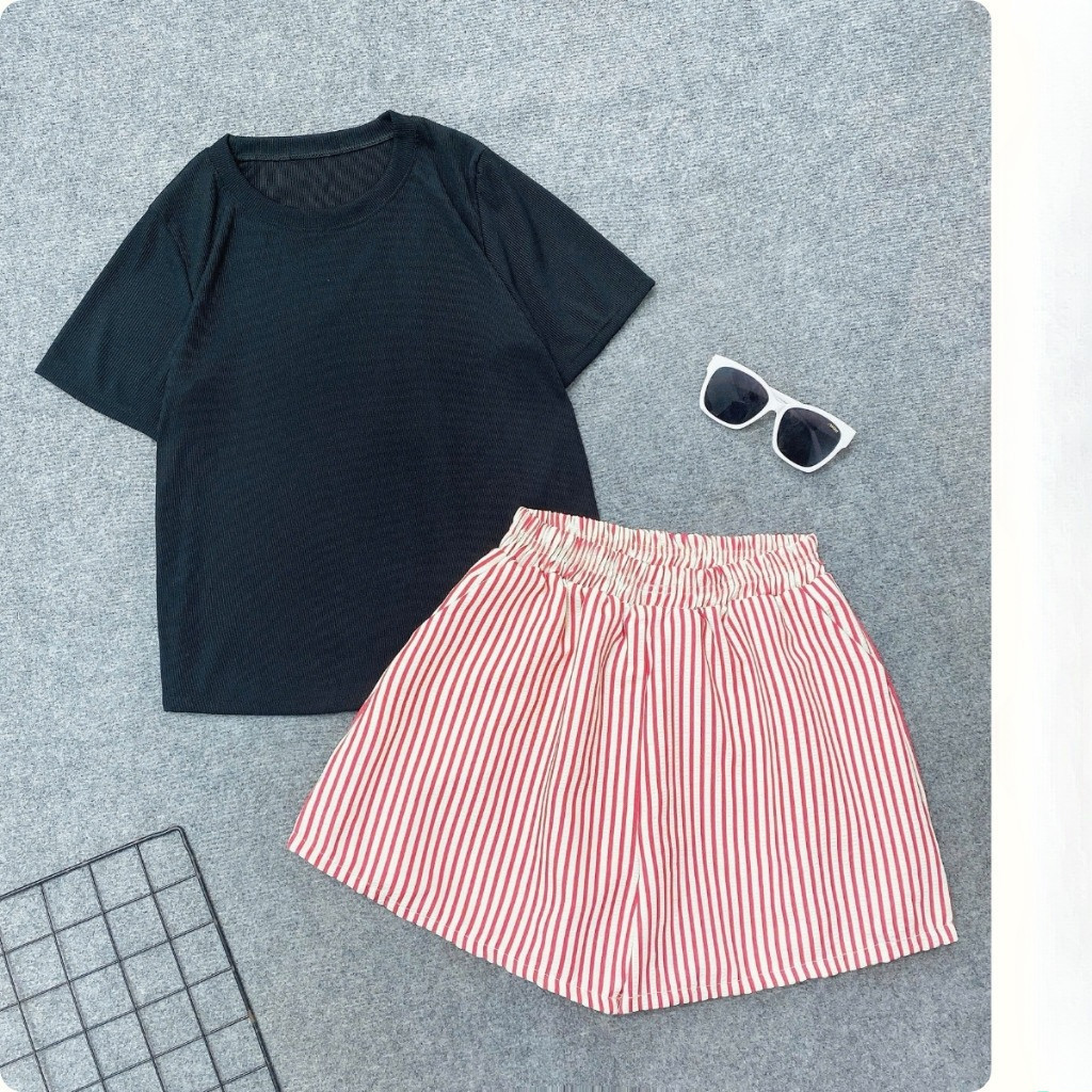 ขนาดใหญ่ชุดผู้หญิง 60-95 กก. BabyTee สไตล์เสื้อยืด,น้ําหนักเบา Cool เอวสูงลายสก๊อตกางเกงขาสั้นชุด (G