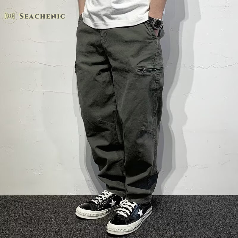 Seachenic Mens Multi-Pocket Cargo Pants Straight Loose Tapered Casual Pants