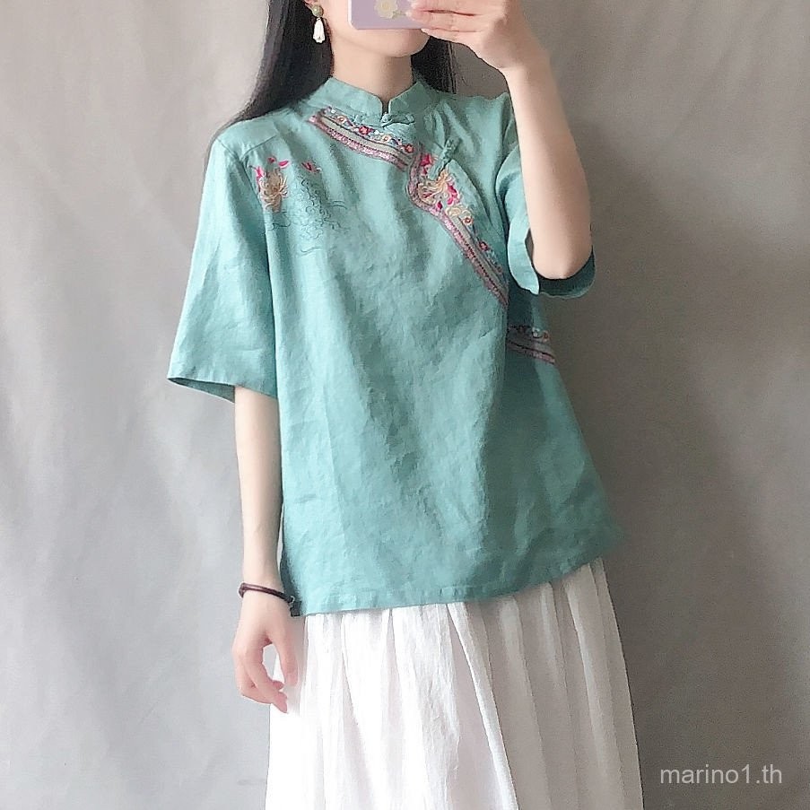 H Anfu ด้านบน qipao เสื้อด้านบน CNY ผู้หญิงสไตล์ชาติพันธุ์ย้อนยุคฤดูร้อนหลวมปักแขนสั้นด้านบนผู้หญิงสีทึบยืนปกหัวเข็มขัดจีนผ้าฝ้ายและผ้าลินินเสื้อ
