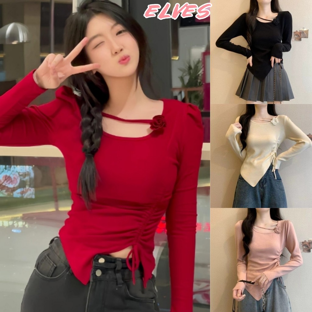 Elves พร้อม เสื้อไหมพรมแขนยาว ดีเทลแต่งสายคาด ติดดอกไม้น่ารัก 4สี เสื้อแขนยาว สไตล์เกาหลี เสื้อแฟชั่น"Y-P37"