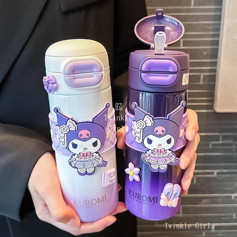 Kuromi Cinnamoroll กระติกน้ําร้อนดื่มคู่ 316 สแตนเลส พร้อมเชือกและหลอดดูด สําหรับเด็ก Kitty ขวดน้ํา